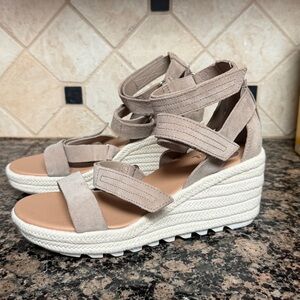 Sorel Taupe Suede Espadrille Wedge Sandals with Rope Platform
